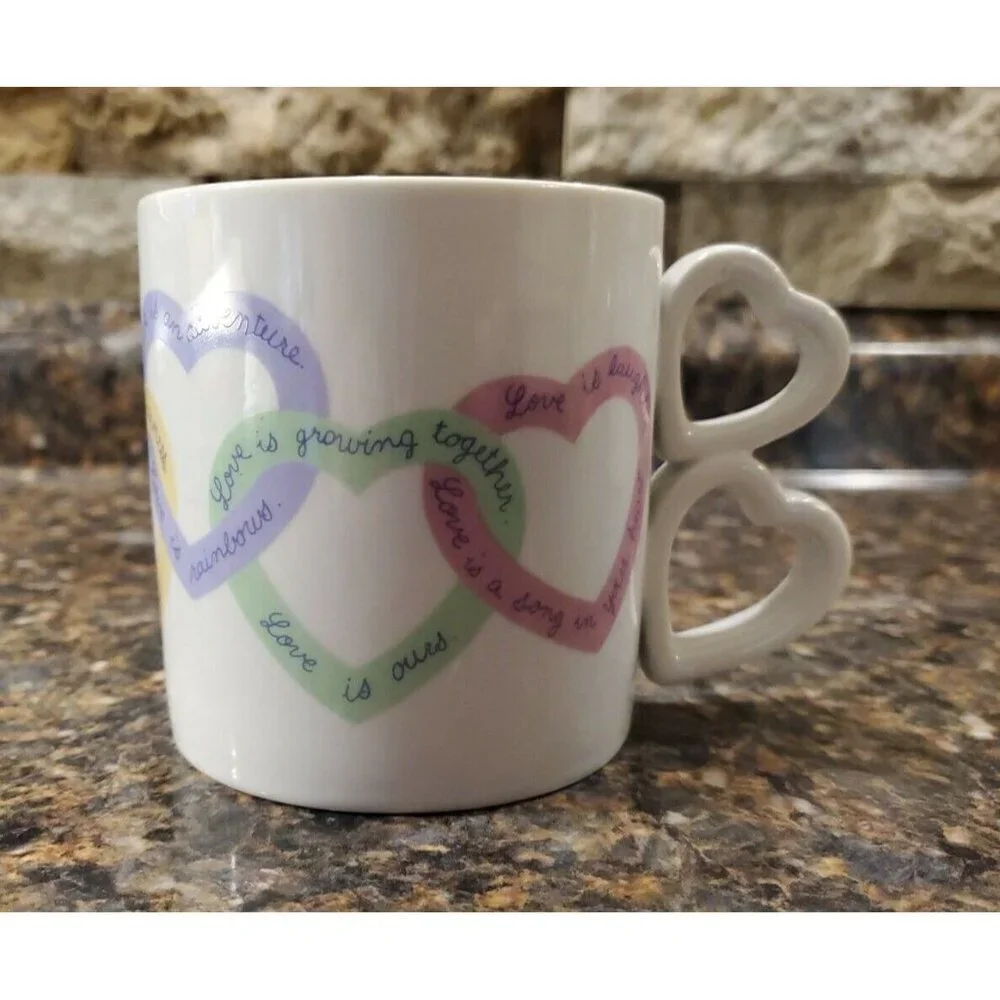 Avon Sweet Sentiments Coffee Mug Heart Shaped Handle Love Quotes White Porcelain